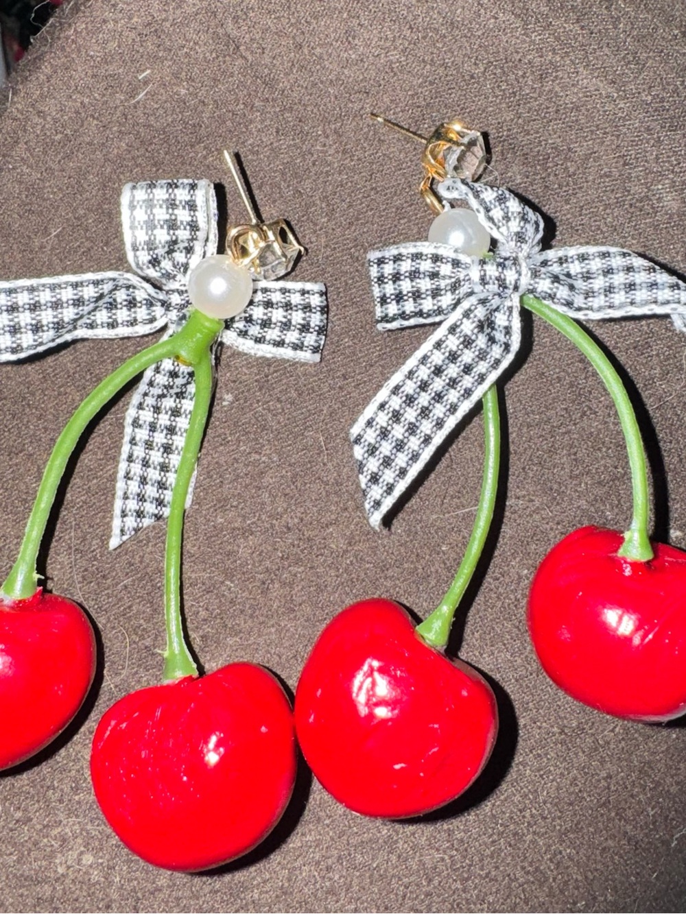 Cherry Drop Dangle Earrings with Gingham Bow